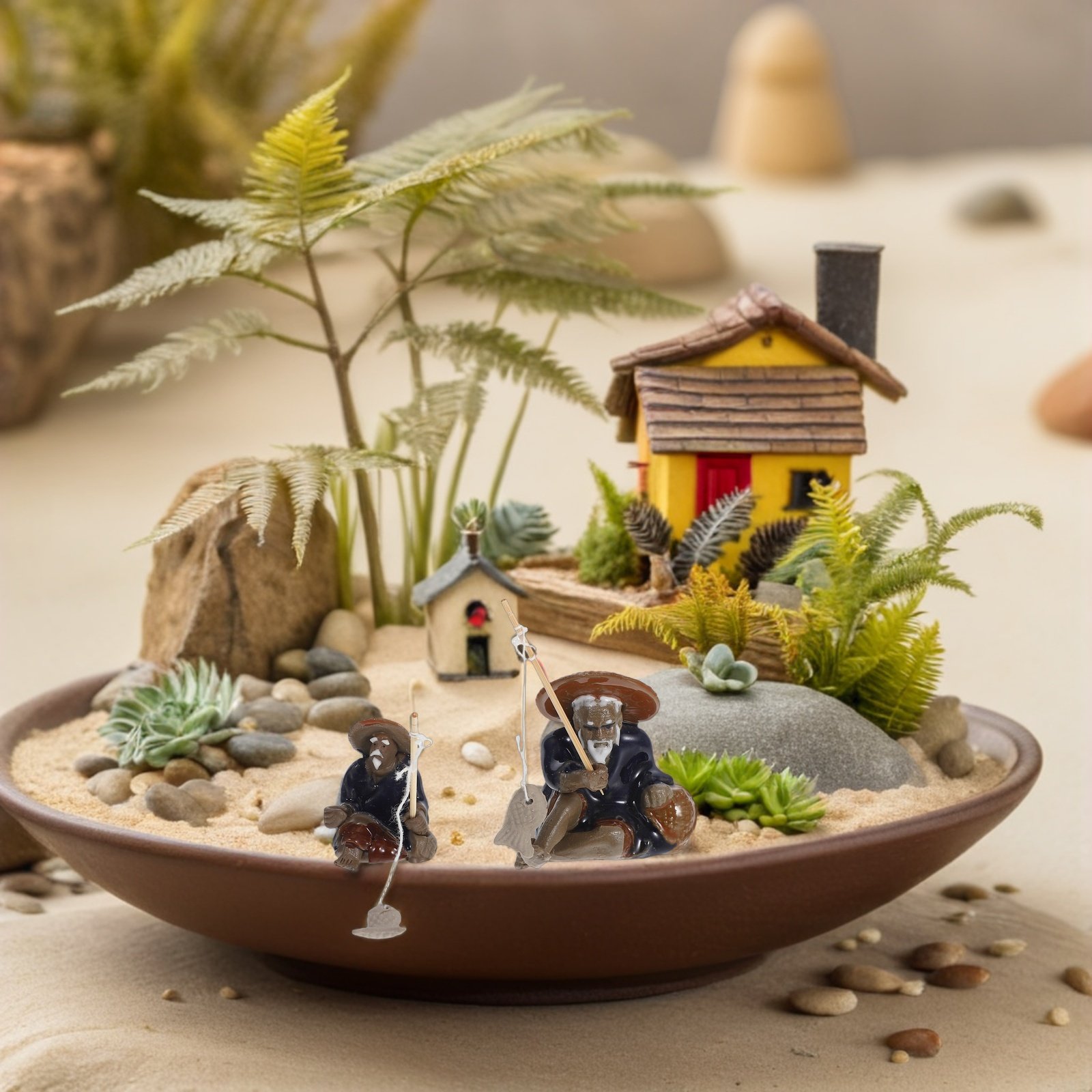 Mini Bonsai Zen Garden - 2 Pcs Zen Garden Fisherman Mini